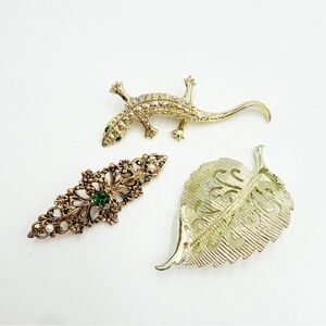 Gerry’s Vintage Gold Tone 3 Brooch Sets Lizard Leaf Floral Rhinestone Pearl Pins